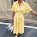Women's Clothing Striped Shirt Dress Short Sleeved Midi Length Pleated Waist Slit_ecoleips.com
