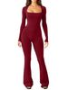 K Women's Long Sleeved Abdominal Cinching Waist Cinching Hip Lifting Square Collar Wide Leg High Stretch Jumpsuit_ecoleips.com