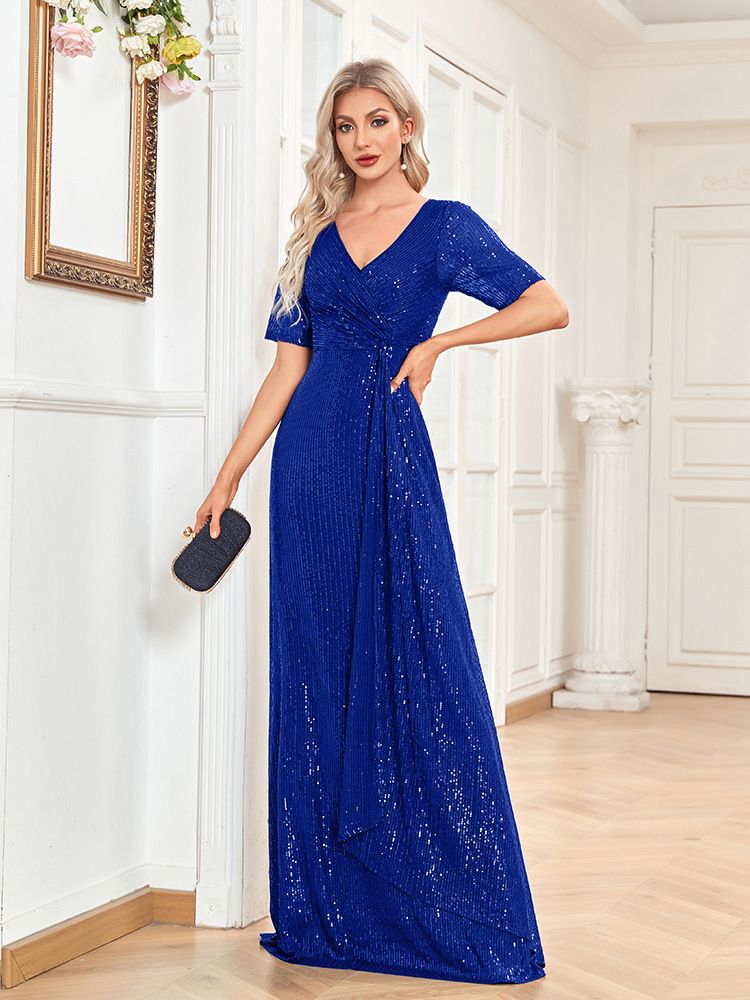 Women's Clothing Sexy Long Dress Short Sleeve V Neck Sequins Slim Fishtail Bridesmaid Banquet Evening Dress_ecoleips.com