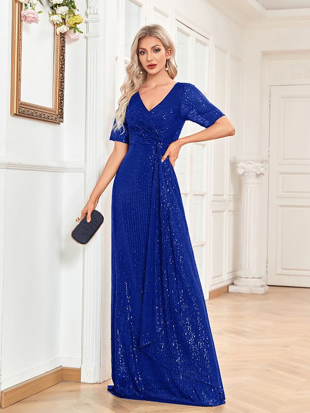 Women's Clothing Sexy Long Dress Short Sleeve V Neck Sequins Slim Fishtail Bridesmaid Banquet Evening Dress_ecoleips.com