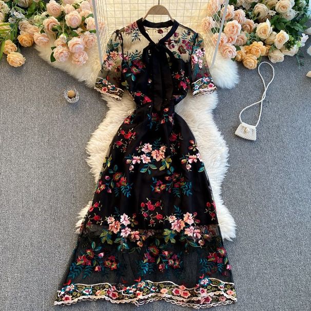 Women's Clothing Niche Hepburn Style Skirt New Contrast Color Bow Tie Collar Short Sleeve Slim Embroidered Flower Dress_ecoleips.com