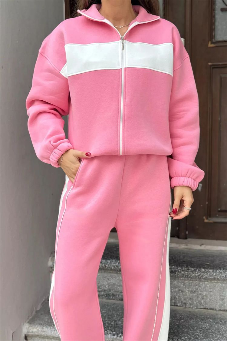 Women's Clothing Casual Street Style Contrast Color Striped Casual Streetwear Set - Color Block Striped High Neck Zip-Up Top & Straight Leg Pants_ecoleips.com