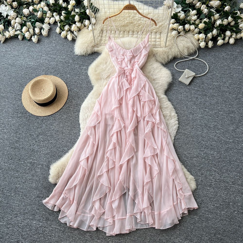 Women's French Style Spaghetti Strap Long Dress Sweet And Innocent Ruffled Waist Crossover Backless Summer Vacation Dress_ecoleips.com