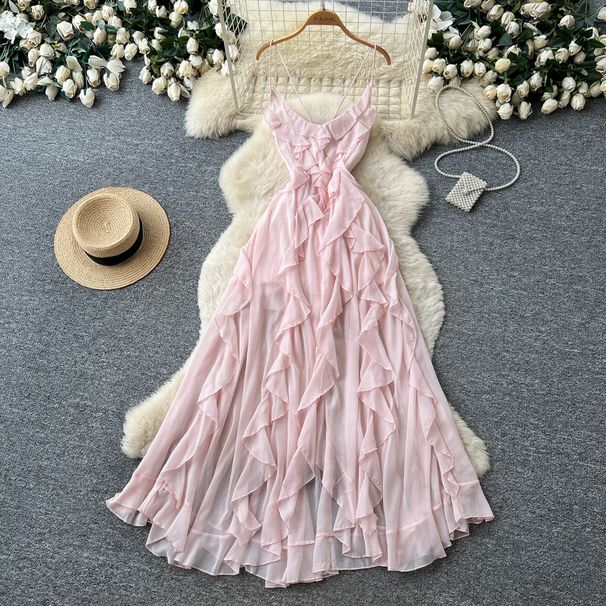 Women's French Style Spaghetti Strap Long Dress Sweet And Innocent Ruffled Waist Crossover Backless Summer Vacation Dress_ecoleips.com