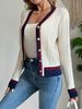 Women's V-Neck Button Cardigan - Preppy Contrast Trim Knit Sweater For Autumn Layering In White/Grey/Navy_ecoleips.com