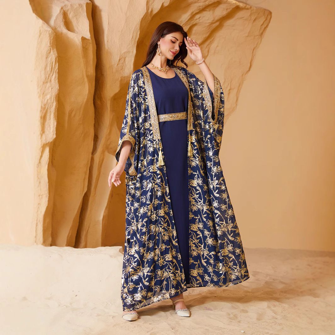 Women's Long Robe Dress Two Piece Set Gold Foil SW013 Muslim Fashion Clothing_ecoleips.com