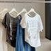 Korean Lace Edge Slanted Shoulder Letter Printing Short-sleeved T-shirt Women's Summer New Irregular Waist And Thin Top Trend_ecoleips.com