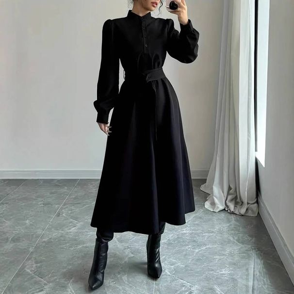 Women's Clothing Elegant Stand Collar A Line Skirt Waist Slimming Button Solid Color Long Sleeve Shirt Dress_ecoleips.com