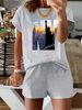 Summer New Pink New York NU Pattern T-shirt, Casual Printed Round Neck Short Sleeved Top With Elastic Waist Pocket, Women's Two-piece Set-289_ecoleips.com