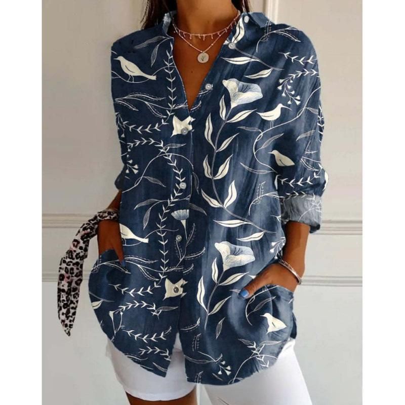Women's Clothing Women's Casual Shirt Spring Collection Mid Sleeve Collared Creative Retro Floral Print Top For Women_ecoleips.com