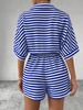 Summer New Women's Striped Lapel Cardigan Button Down Five-Sleeve Shorts Jumpsuit_ecoleips.com