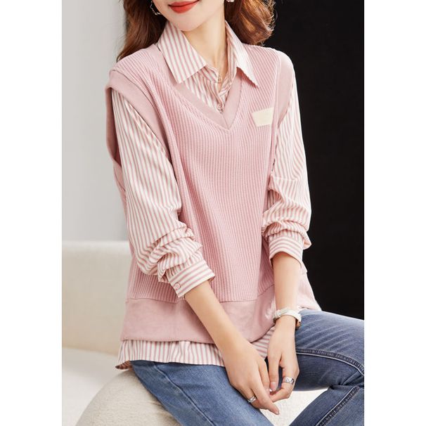 Women's Clothing Striped Spring And Autumn New Fashion Shirt Loose Two Piece Suit Long Sleeved Stylish Shirt Bottoming Top Outer Wear_ecoleips.com