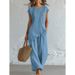 Women's Bohemian Two-Piece Set Round Neck Button Down Short Sleeve Top And Wide Leg Pants Beach Vacation American Style_ecoleips.com