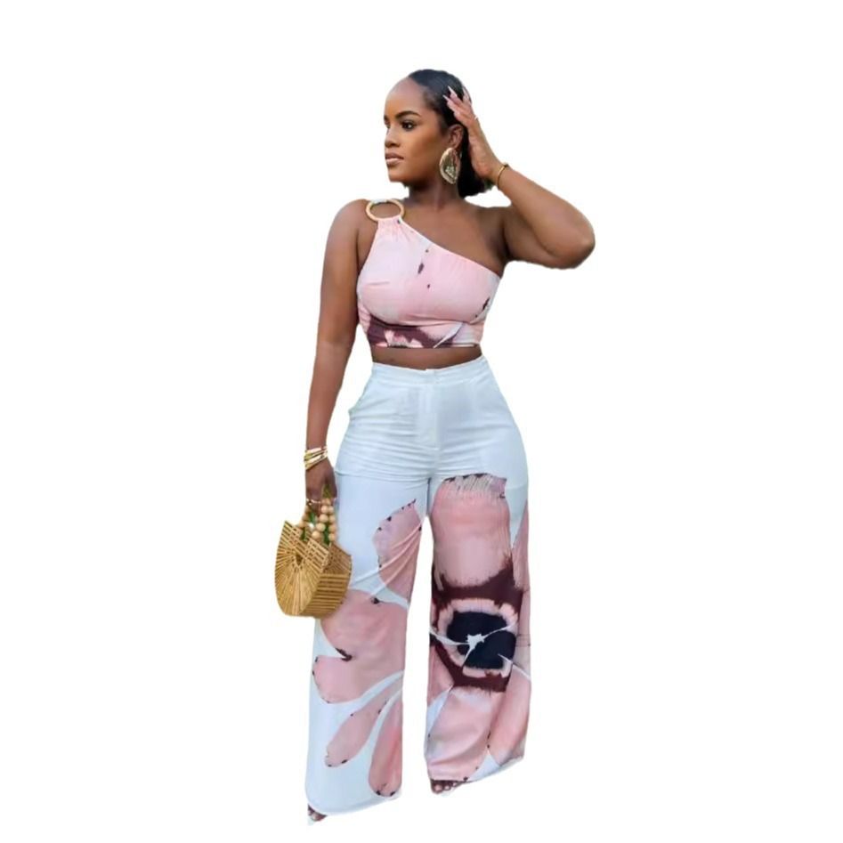 Women's European American Printed One-Shoulder Slim Fit Wide Leg Pants Two-Piece Set Summer Regular Thickness_ecoleips.com