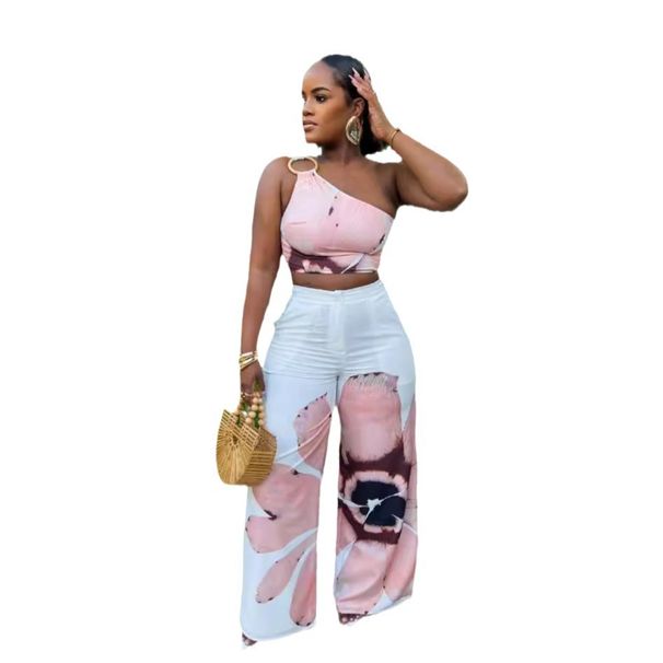 Women's European American Printed One-Shoulder Slim Fit Wide Leg Pants Two-Piece Set Summer Regular Thickness_ecoleips.com