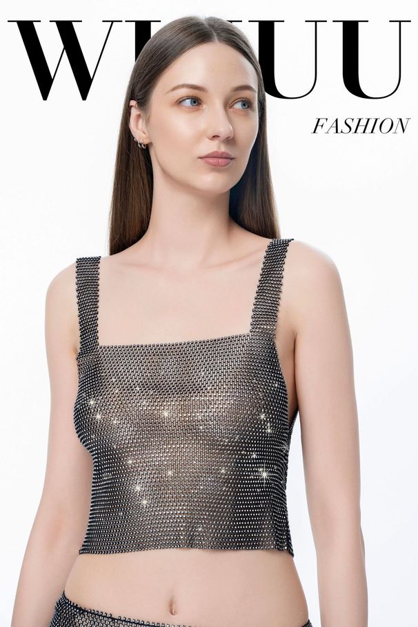 Women's Sexy Fishnet Dress Full Rhinestone Mesh Hot Girl Sheer Fringe Skirt Set For Women_ecoleips.com