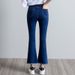 Korean-style High-waisted Cropped Flared Jeans For Women, Stretchy Slimming With Frayed Edges And Tassel Details_ecoleips.com