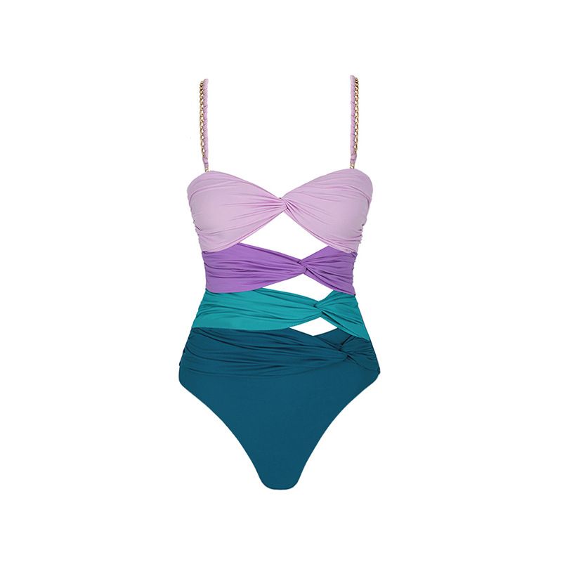 European And American New Hollow Contrast Color One Piece Swimsuit Women's Beach Vacation Suit_ecoleips.com