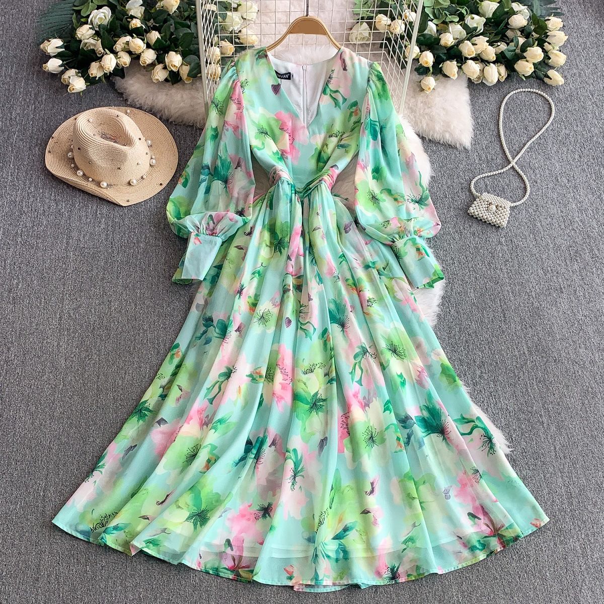 Women's Clothing Elegant Floral Print Chiffon V-Neck Maxi Dress With Lantern Sleeves & High Waist For Women - Summer Vacation & Office Wear (Green)_ecoleips.com
