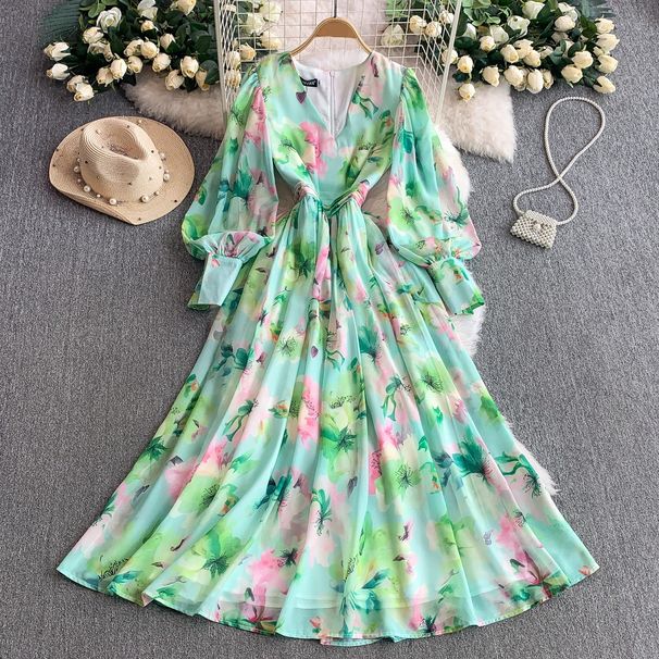 Women's Clothing Elegant Floral Print Chiffon V-Neck Maxi Dress With Lantern Sleeves & High Waist For Women - Summer Vacation & Office Wear (Green)_ecoleips.com