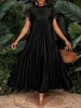 Elegant Plus Size Dress, Women's Long Dress With Pleated Short Sleeves, Bridesmaid Dress, Loose Fit, Casual, Elegant Party Dress, Spring/Summer Attire_ecoleips.com
