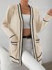 Smooth Fine Knit Cardigan, French Tweed Contrast Trim V-Neck Mid-Length Loose Outwear, Plus Size Women Casual Daily Commute Versatile Fashion Coat_ecoleips.com