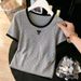 Grey Bow Tie Short Sleeved T-Shirt For Women Summer Slim Fit U Neck Low Neck Knit Short Style Top_ecoleips.com
