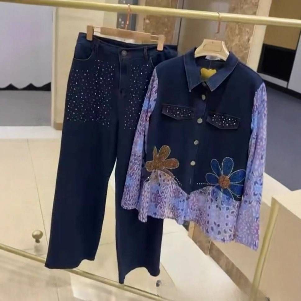 Women's Clothing Modest Set Plus Size Denim Jacket And Jeans Two Piece Set For Women Diamond Design Layering Autumn Style Two Piece Set_ecoleips.com