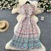 Elegant And Sophisticated Long Dress For Women, Featuring A Tie Waist Design, Three Quarter Sleeves, Openwork Crochet Lace, And Floral Print._ecoleips.com