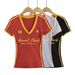 Women's Clothing Women's Spicy Retro Preppy Style Short Sleeve T-Shirt Color Block Striped V Neck Slim Fit Base Layer Top Trendy Letter Print Elastic_ecoleips.com