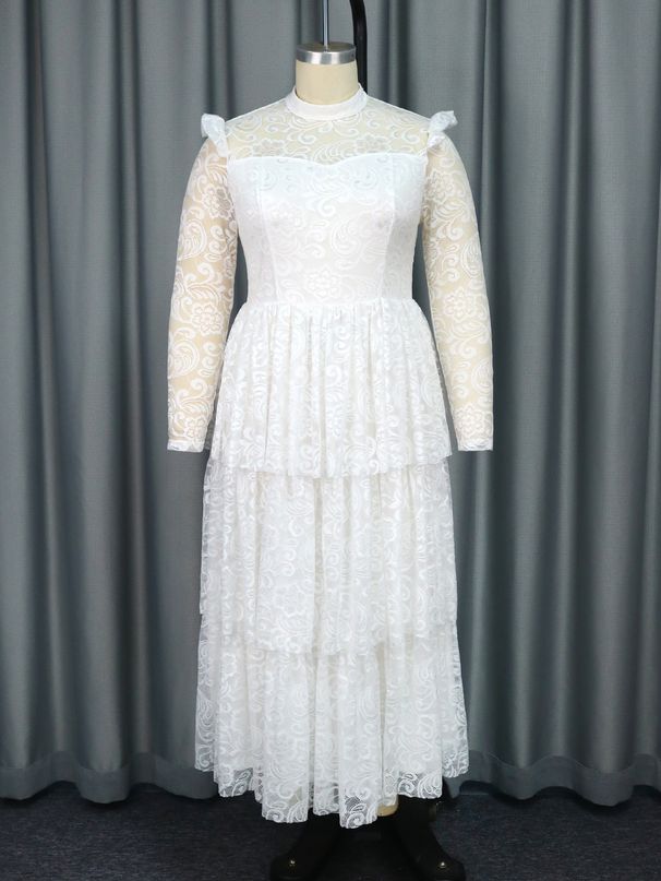Women's Clothing New See Through Sleeves Half High Collar Lace Skirt Party Banquet Elegant Style Dress Dresses_ecoleips.com