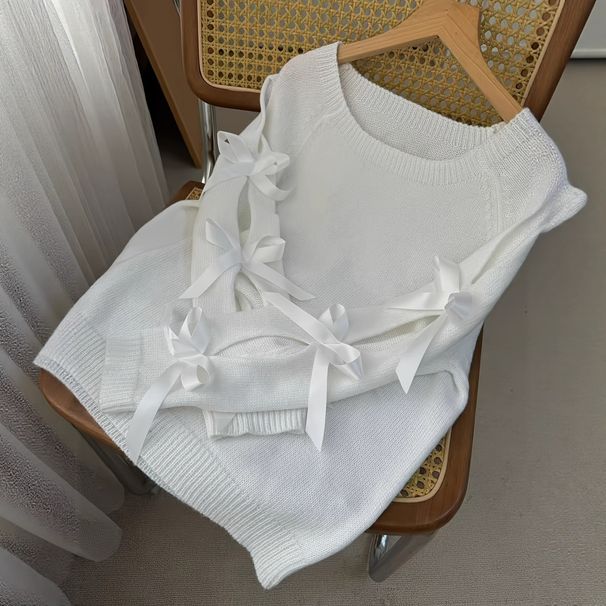 Women’s Knit Sweater With Lace-Up Bow Detail – Round Neck Long Sleeve Pullover (S-XL) | Casual Elegant Tops_ecoleips.com