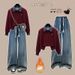 Vintage Plaid Polo-Collar Sweatshirt & Fleece-Lined Drawstring Jeans Set - Cozy Academic Style (Blue/Beige/Grey)_ecoleips.com