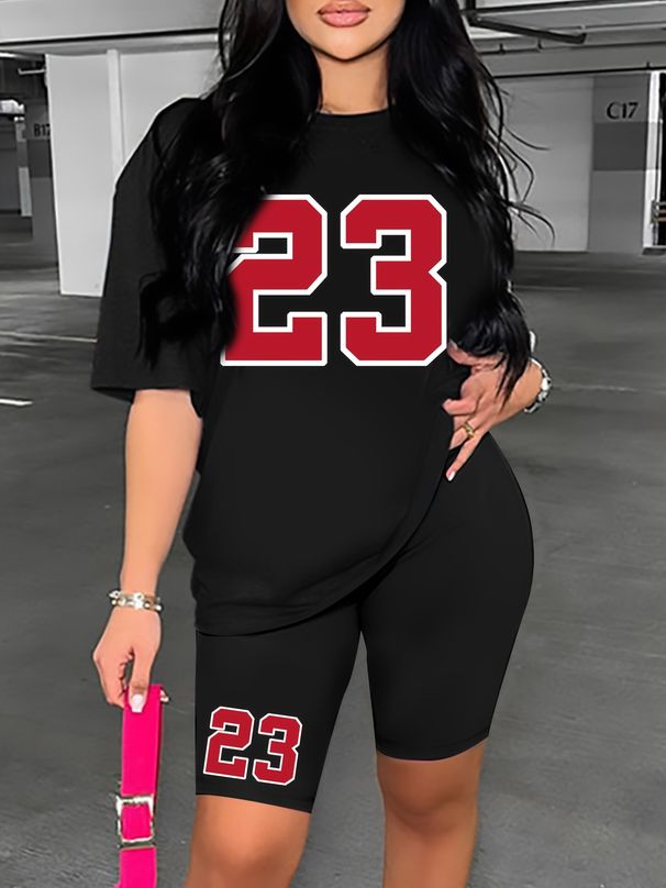 Summer Women's Casual Fashion Number 23 Print Loose T-shirt+shorts Two-piece Sportswear Suitable For Daily Wear-117_ecoleips.com