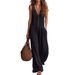 Women's Bohemian Style V Neck Sleeveless Pleated Wide Leg Jumpsuit Casual Vacation Fashion_ecoleips.com