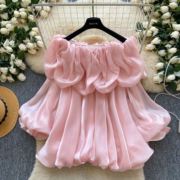 Women's Korean Style Off-Shoulder Ruffled Lantern Sleeve Blouse Pink Top Chic Fashionable Versatile New Spring Style_ecoleips.com