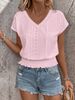 Women's V Neck Short Sleeve T-Shirt Fashionable Casual Top Jacquard Hollow out European American Style Spring Summer 2026_ecoleips.com
