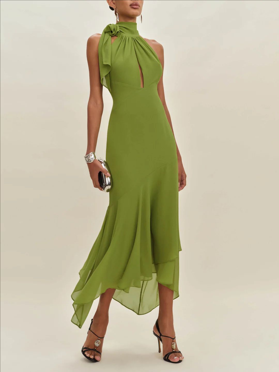 Women's European American Style Backless Ruffled Slim Long Dress Solid Color Independent Store Cross Border Spring/Autumn Summer_ecoleips.com