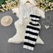Women's Clothing V Neck Hollow Knitted Long Sleeved Sunscreen Cardigan Short Jacket Striped Temperament Suspender Dress Set_ecoleips.com