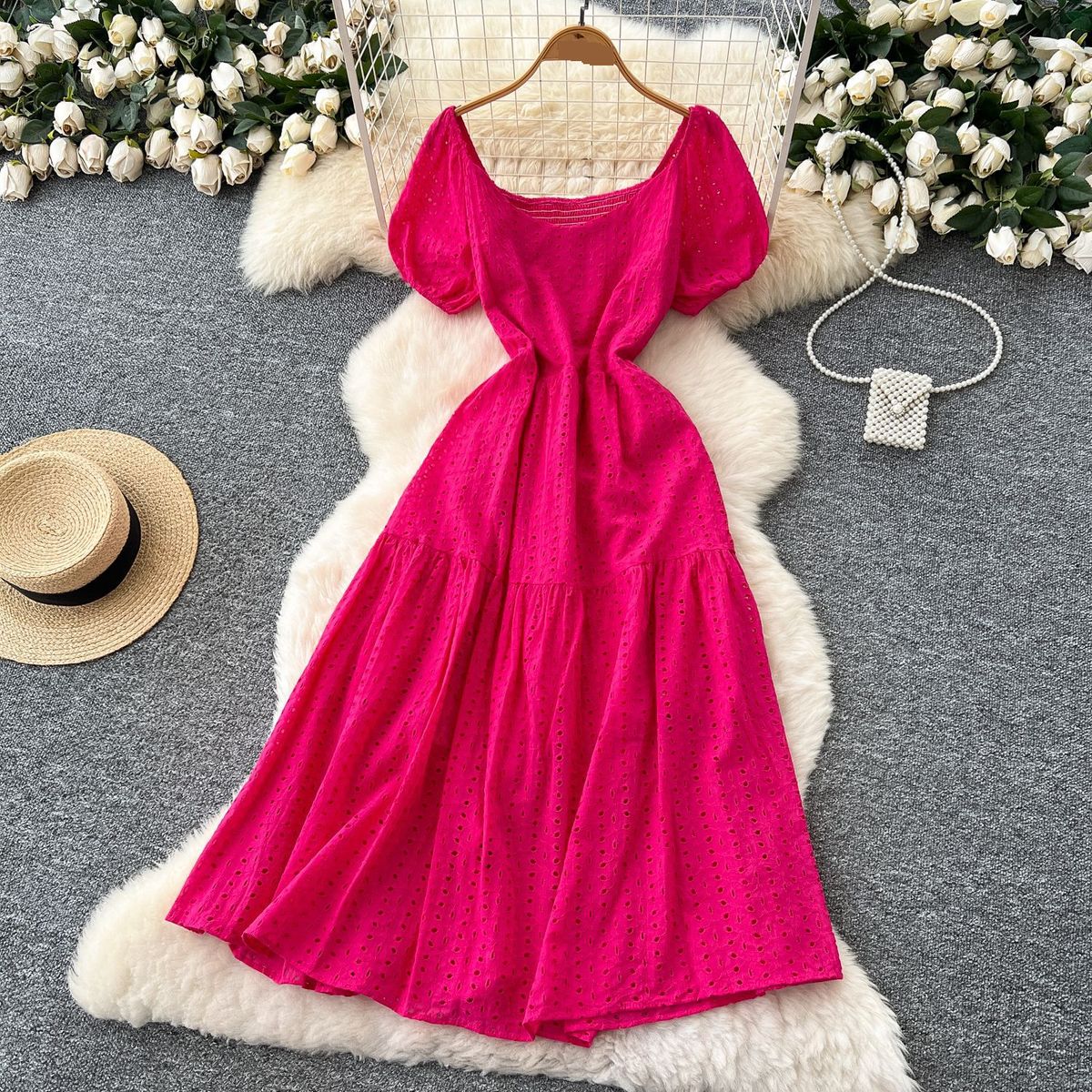 Women's Clothing Hollow Embroidery Square Collar Puff Sleeve Dress Waist Slimming Temperament Holiday Long Dress_ecoleips.com