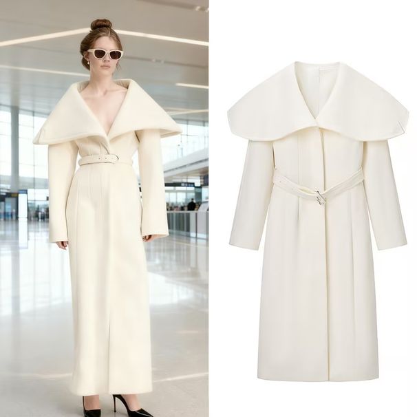 Women's Clothing Elegant Casual Woolen Elegant Belted Wool Blend Trench Coat For Women - French Style Lapel Long Coat With Waist Tie, White, S/M/L_ecoleips.com