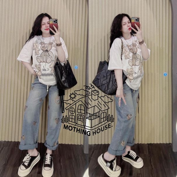 Fashionable Women's Two-Piece Set Cartoon Bear Print Wide Leg Pants Casual Summer Outfit Short Sleeve Top And Bottoms Ensemble_ecoleips.com