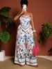 Curvy Tropical Floral Halter Two-Piece Set, Wide Leg Pants Vacation Outfit_ecoleips.com