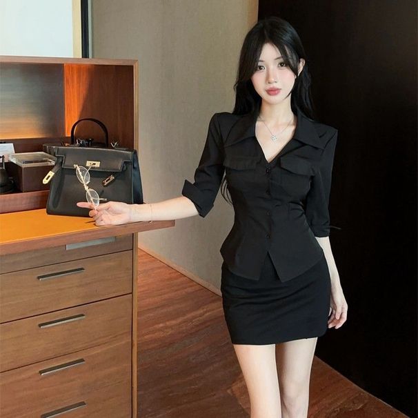 Hot Girl Outfit For Women, Autumn College Style, Waist-cinching Slimming Shirt Top, Professional High-waisted Bodycon_ecoleips.com