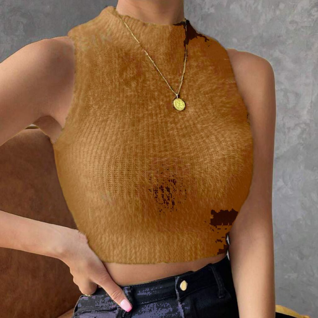 Fuzzy Vest Sleeveless Top Women's Spring Fall Layering Piece Faux Mink Fur Halter Neck Slim Fit Pure Y2K Streetwear Casual Tops_ecoleips.com