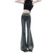 Women’s High-Waisted Flared Jeans – Vintage Washed Denim With Contrast Stitching & Patchwork Design (S-2XL, Retro Blue, Relaxed Fit)_ecoleips.com