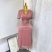 Women's Clothing Elegant V Neck Waist Hot Diamond Shiny Short Sleeve Fashion Dress_ecoleips.com