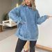 Women's Casual Hooded Denim Sweatshirt - Oversized Pullover Streetwear Top With Kangaroo Pocket (Blue, Pink, Black, Lavender, Coral, Red)_ecoleips.com
