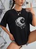 Women's Clothing Women's Casual Black T-Shirt Round Neck Short Sleeve Moon Print Simple Sports Top Style Loose Fit_ecoleips.com