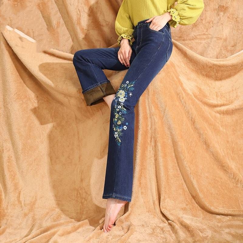 Women's Clothing High Waist Winter New Velvet Warm And Comfortable Bell Bottom Pants Embroidered Large Size Jeans_ecoleips.com